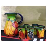 Hand Painted Blue Glass Pitcher and Glasses