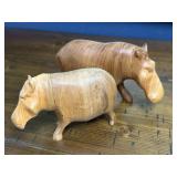 Two Vintage Solid Carved Wood Hippos