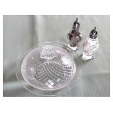 CRYSTAL SALT/PEPPER SHAKERS and BUTTER DISH