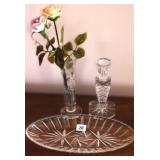CRYSTAL VASE,  CANDLESTICK & DISH