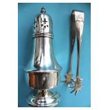 SILVER PLATED SUGAR SHAKER & SUGAR TONGS