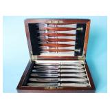 BOXED SET OF ANTIQUE DESSERT KNIVES & FORKS