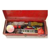 Red Tool Box W/ Level, Flashlight & More.