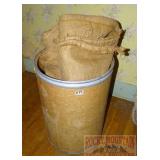 Storage Barrel W/ Burlap Bags.