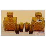 2 Vintage Amber Glass Decanters & Shot Glasses. 2 Vintage Amber Glass Decanters & Shot Glasses.