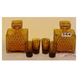 2 Vintage Amber Glass Decanters & Shot Glasses.