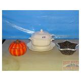 Soup Tureen, Pumpkin Jar & Beaded Bowl.