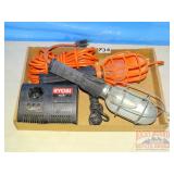 2 Drop Lights & Ryobi 18 Volt Charger. 2 Drop Lights & Ryobi 18 Volt Charger.