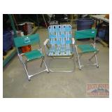 2 Folding 'Masters' Chairs & Lawn Chair. 2 Folding 'Masters' Chairs & Lawn Chair.
