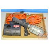 2 Drop Lights & Ryobi 18 Volt Charger. 2 Drop Lights & Ryobi 18 Volt Charger.