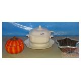 Soup Tureen, Pumpkin Jar & Beaded Bowl.