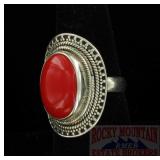 Western Style Sterling & Coral Ring, 8.