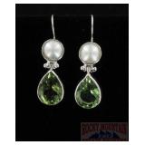 Sterling Green Amethyst & Pearl Earrings.