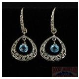 Carved Sterling & Blue Topaz Drop Earrings.