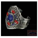 Fancy German Silver, Coral & Lapis Cuff.