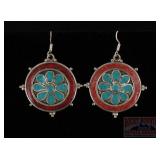 Turquoise & Coral Inlaid Drop Earrings.