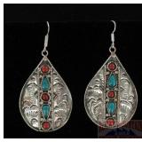 Carved German Silver, Turquoise & Coral Earrings.