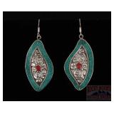 Carved German Silver, Turquoise & Coral Earrings.