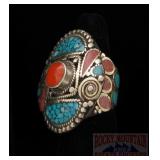 Native Am. Style German Silver & Multi-Stone Ring.