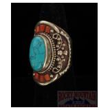 German Silver, Turquoise & Coral Ring.