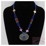 Multi-Strand Blue Lapis Beaded Necklace W/ Pendant