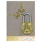 Large Cast Brass Figural Garden Gate Padlock.