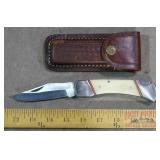 9" Folding Knife W/ Bone Handles & Sheath.