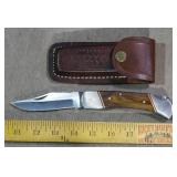9' Folding Knife W/ Wood Handles & Sheath.