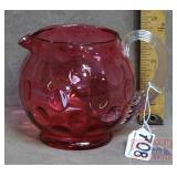 Vintage 5' Cranberry Bubble Glass Pitcher.