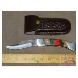 9" Folding Knife W/ Leather Sheath.