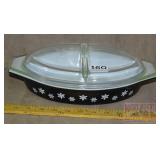 Vintage Pyrex Black Snowflake Divided Baking Dish.