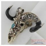 Massive Sterling & Carved Bone Skull Pendant.