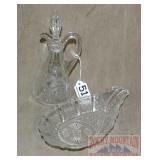 Vintage Pressed Glass Cruet & Spoon Rest.