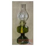 Vintage Green Pressed Glass Oil Lamp W/ Chimeny.