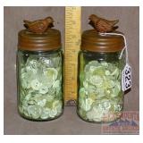 2 Mason Jars W/ Buttons & Bird Lids.