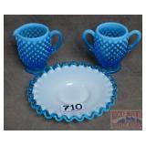 Vintage Blue Hobnail Cream & Sugar & Plate.