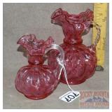 2 Cranberry Glass Ruffled Pitchers.