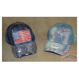 2 Rhinestone Decorated Denim Caps, One Size.