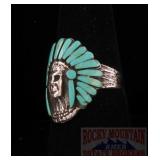 Detailed Sterling & Inlaid Indian Chief Ring, 9.5