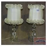 2 Cute Glas Boudoir Lamps W/ Ruffled Shades.