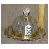 Early Pressed Glass Covered Butter W/ Gold Overlay