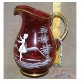 Beautiful Mary Gregory Cranberry Glass Pitcher.