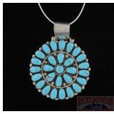 2" Sterling & Turquoise Petit Point Pendant.