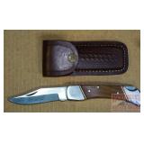 9' Folding Knife W/ Wood Handles & Sheath.