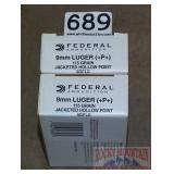 2 Boxes, 50 Federal 9mm Luger JHP Cartridges.