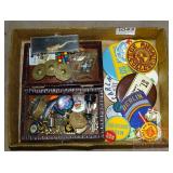 Dresser Box W/ Badges, Buttons & More.