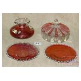 Vintage Ruby Flash Plates, Vase & Covered Dish.