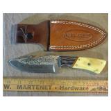 9' Damascus Blade Knife W/ Bone Handle & Sheath.