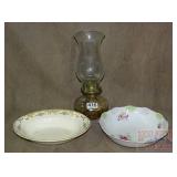 Oil Lamp & 2 Vintage Porcelain Bowls.