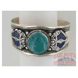 German Silver Cuff W/ Turquoise & Blue Lapis